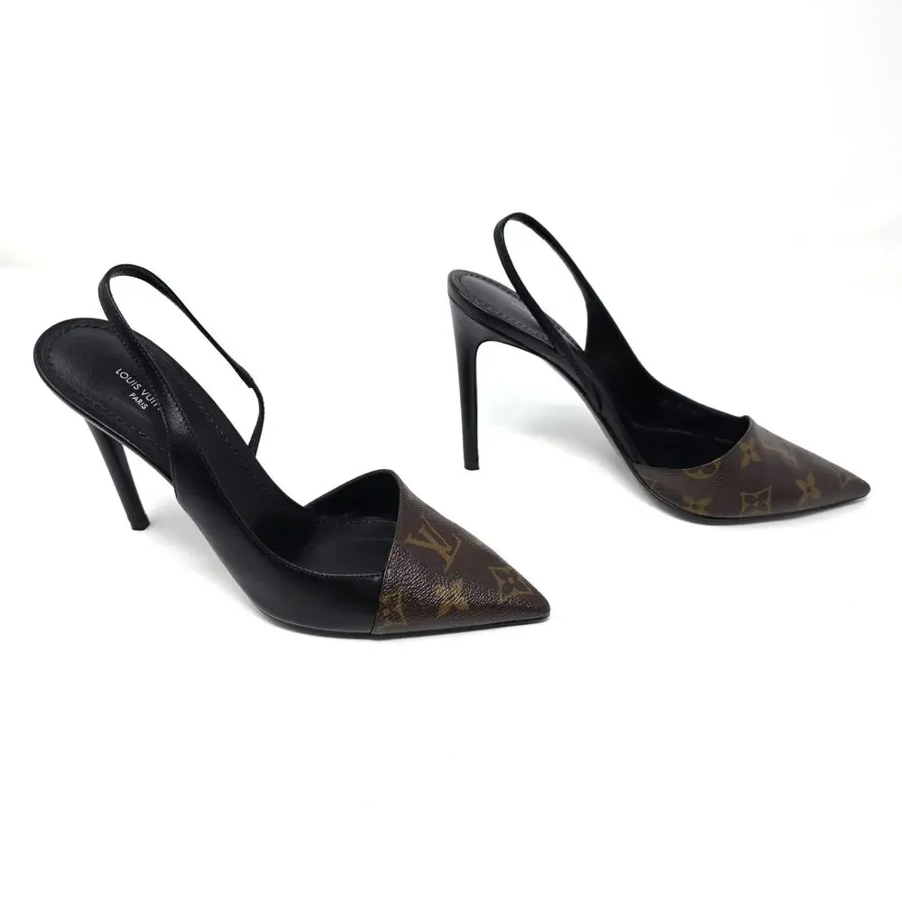 Louis Vuitton Monogram Slingback Pumps Cherie Pointed Toe Leather Heels 37.5 7.5